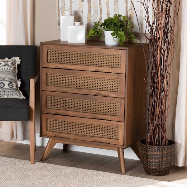 Baxton Studio Barrett Mid-Century Walnut Brown Finished Wood and Synthetic Rattan 4-Drawer Chest 192-11299-ZORO - main